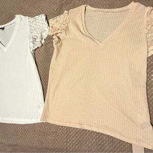 Chic V-Neck Lace Sleeve Blouses - White and Tan